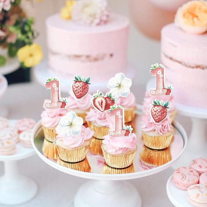 60 PCS Edible Sweet One Strawberry Cupcake Toppers Flower Strawberry First Birthday Cake Decorations Edible Berry Strawberry Cupcake Picks for Baby Shower 1st Birthday Party Food Decorations Supplies