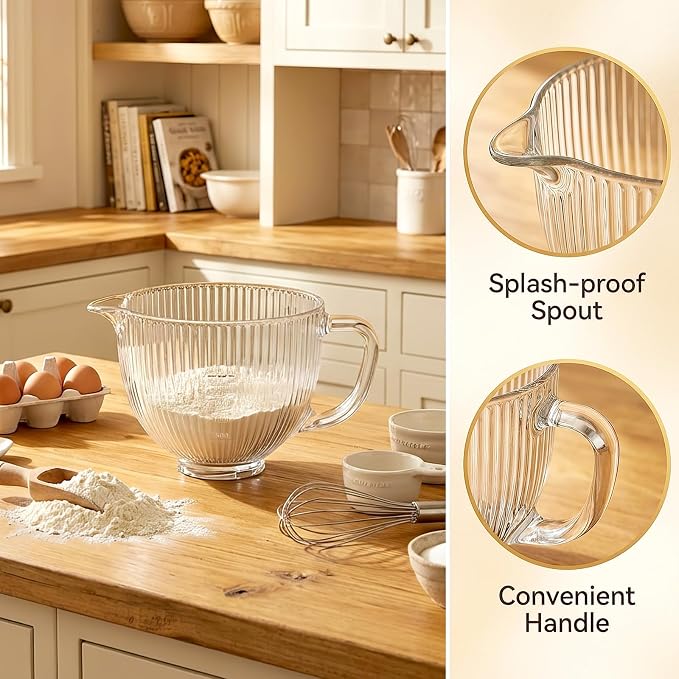 InnoMoon Glass Mixer Bowl for KitchenAid Tilt-Head Stand Mixers | 5Qt Replacement Mixing Bowl with Handle, Measurement Markings & Pour Spout, Glass Bowl for Kitchen Aid 4.5-5 Quart Models