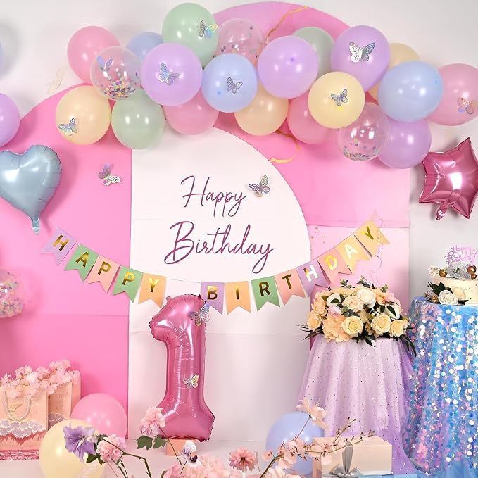 1st Pastel Rainbow Birthday Decorations for Girls,Macaron Pink Blue Purple Green Yellow Colorful Confetti Balloons Banner Star Heart Number 1 Foil Balloon Butterfly Stickers Easter Decor