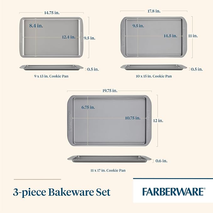 Farberware Nonstick Bakeware 3-Piece Cookie Pan Set, Baking Sheet Set, Gray