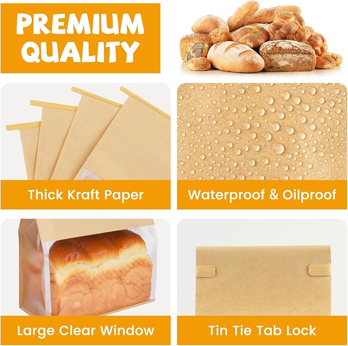 50 Pack Bread Bags with Tabs for Homemade Sourdough Bread, 8.7x4.3x11 Inches Tin Tie Tab Lock Large Paper Bakery Packaging Bags with Window for Gifting & Bake Sale | Thick Material
