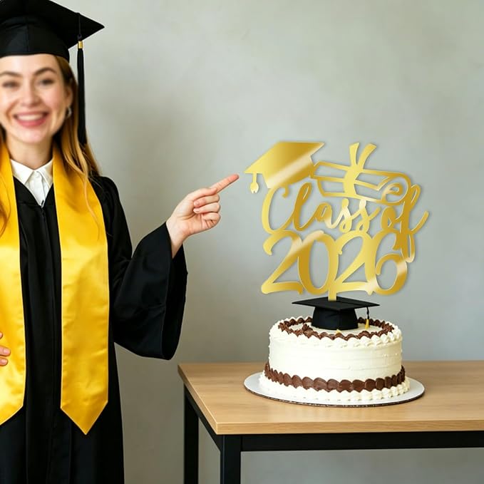 Gold Class of 2026 Congrats Grad Cake Topper Glitter Graduation Party Supplies - High School College Graduates -College Graduate Cake Topper Decorations (Class of 2026 Acrylic gold)
