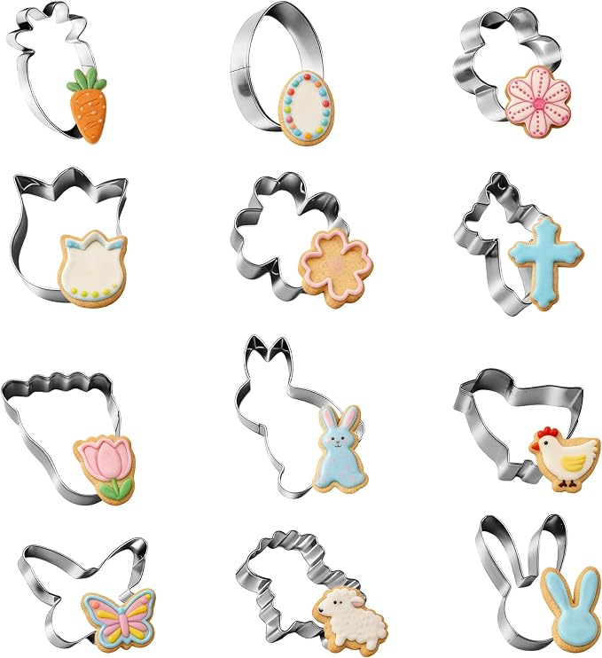 Easter Cookie Cutter Set - 12Pcs Mini Cookie Cutters Variety Pack with Dough Scraper, Stainless Steel Cookie Mold for Biscuits, Fondant, Sandwiches and Pancakes, Style A