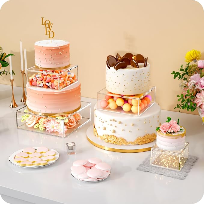 2PCS Clear Acrylic Cake Stand, Fillable Cake Box Riser Cake Tier, Square Cake Display Box with Lid, Decorative Centerpiece Box for Wedding Birthday Party (2pcs, 12" Dx4” H; 8" Dx4” H, 2M LED Lights)
