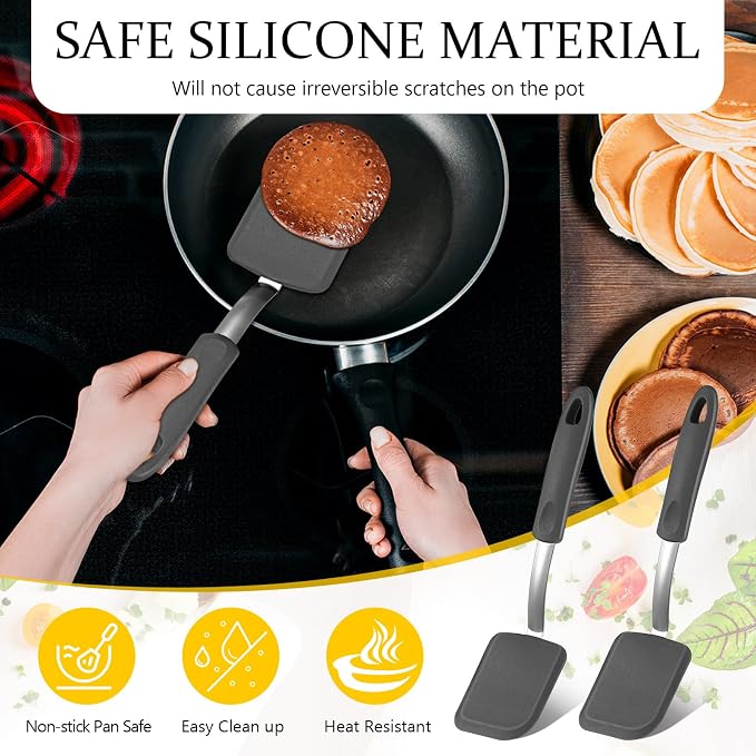 Silicone Cookie Spatula Turner 2 Pack Mini Brownie Spatula Flexible Kitchen Small Silicone Turner for Nonstick Cookware Heat Resistant No Scratch Flipper for Pancake(Solid Flat,Grey)