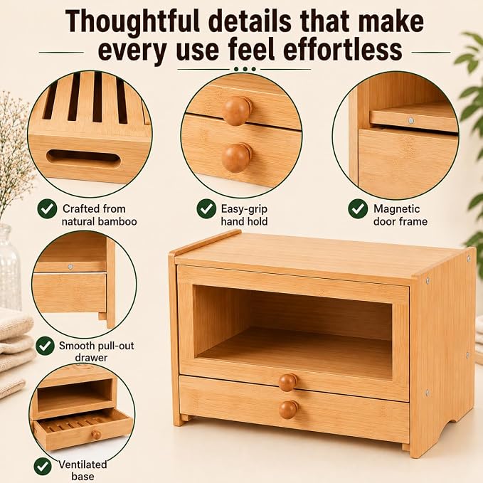 3in1 Bread Slicer for Homemade Bread - Adjustable Width Bamboo Bread Cutter with Storage Box, Bread Box with Cutting Board Crumb Tray, Bread Storage Container for Kitchen Countertop, Sourdough Baking