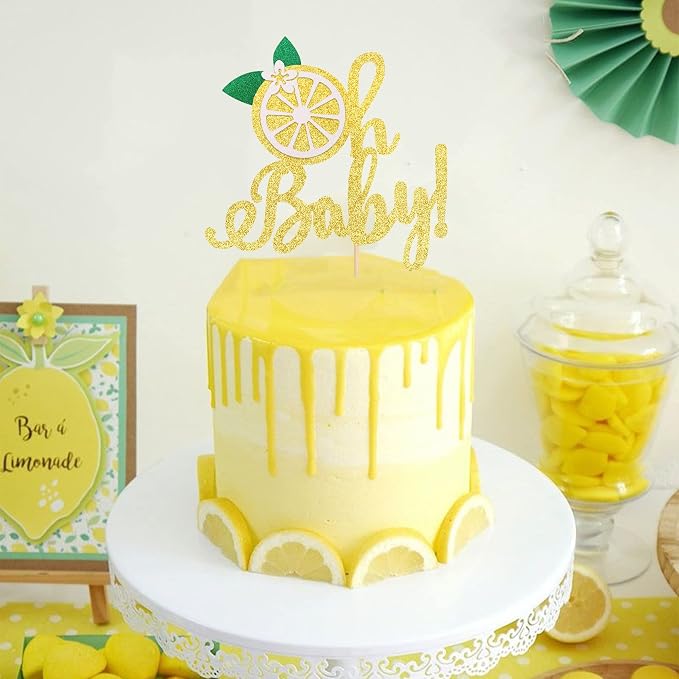 1 PCS Lemon Oh Baby Cake Topper Assembled Glitter Fruit Theme Oh Baby Lemonade Party Cake Pick for Lemon Theme Baby Shower Kids Boys Girls Birthday Party Cake Decorations Supplies Gold