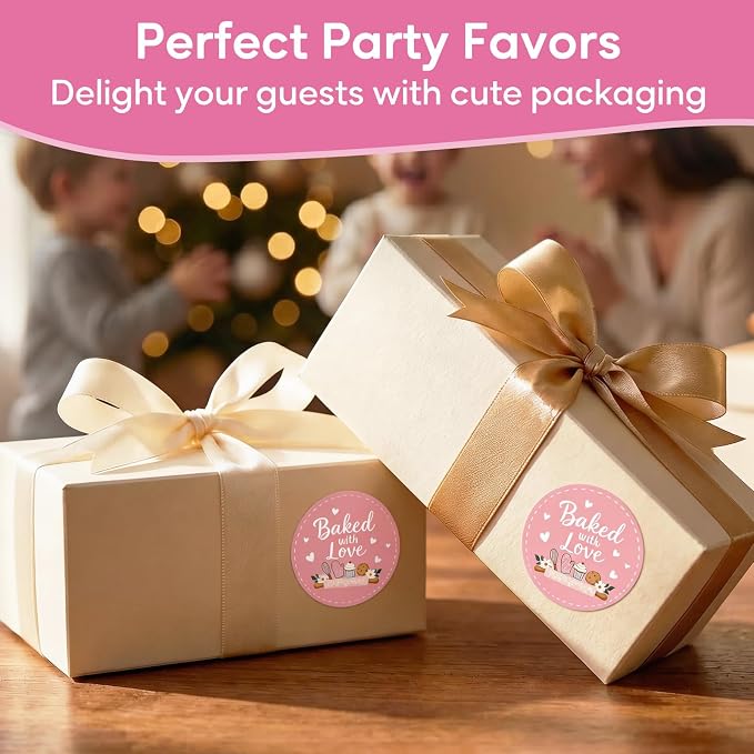 Baked with Love Stickers 120PCS 1.6 Inch Round Baking Labels for Cookies Cupcakes Dessert Table Treat Bags Gift Wrapping Birthday Party Candy Bags Homemade Packaging Small Business (Pink)