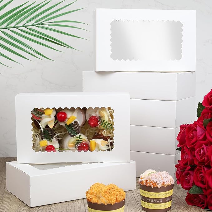 24 Pack Bakery Boxes,10x6x2.5 Inches Cookie Boxes with Window for Gift Giving, White Treat Packaging Boxes for Pies, Treats, Chocolate, Muffins, Donuts, Pastries, Cupcakes