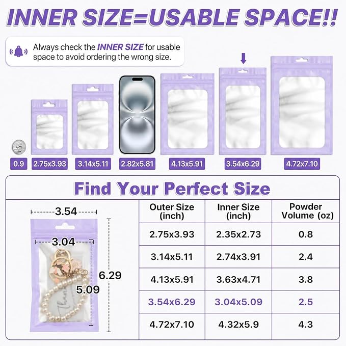 ANZNKU 100 Pack Lavender Purple Resealable Mylar Bags with Frosted Clear Window 3.54x6.29", Smell Proof Foil Pouch Bag for Jewelry Candy Storage Supplies, Sealable Packaging Bags for Small Business