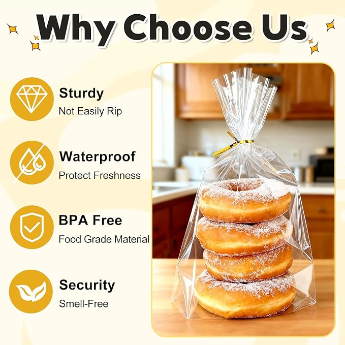 PigPotParty Cellophane Bags 8x11 Inch,100 Pack Clear Plastic Gift Bags with Bottom Gusset for Stand-Up Display, Medium Cello Gift Wrap for Goodies, Treats, Party Favors, Mugs, Includes 100 Gold Ties
