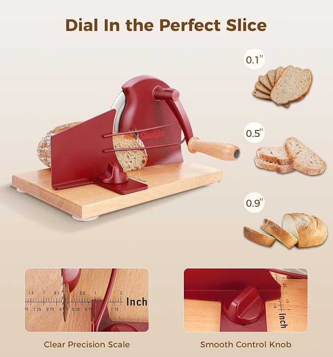 SOWKIPE Upgraded Manual Bread Slicer for Homemade Sourdough Bread, Adjustable Thickness Hand Crank Bread Cutter with Metal Guide, Scale Line, Even Slices, Suction Cups, Cover (Red)