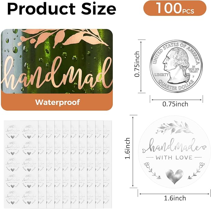 Handmade with Love Stickers 100 Pcs, Silver Foil Transparent Labels for Small Business Packaging, 1.6 Inch Round Thank You Stickers for Gift Wrap, Bakery Boxes, Envelopes (Silver Foil)