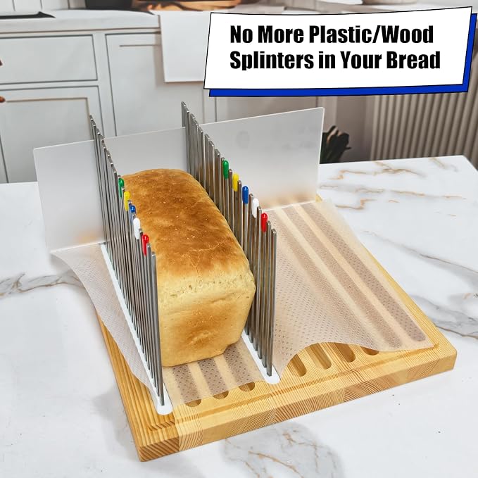 7L Wooden Bread Box, Stainless Steel Bread Slicer, 20 Protective Liners | 2 Thickness Slicing Guide, 9in Adjustable Crumb Tray, 1 Bread Stopper, for Sourdough, Homemade Bread