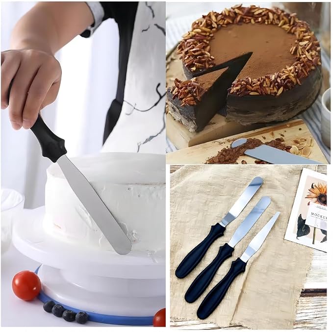 Cake Cream Spatulas, 3 Pieces of Cake Angled Spatula with Stainless Steel, Professional Cake Decorating, Pastry & Baking, Icing Frosting Cream Chocolate Cake Spatula (3 Pcs Black)