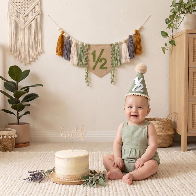CWK Half Birthday Decorations for Baby, 1/2 Birthday High Chair Banner with Cone Hat & Cake Topper, Half Way to One Party Kit, Photo Props for 6 Month Baby Birthday(Green)