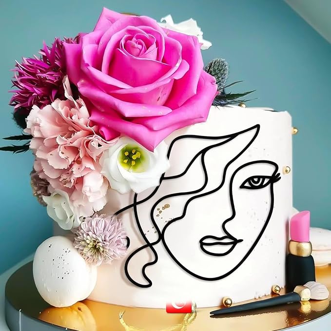 Minimalist Art Lady Face Boho Cake Topper for Birthday & Wedding Decoration - Acrylic, Black