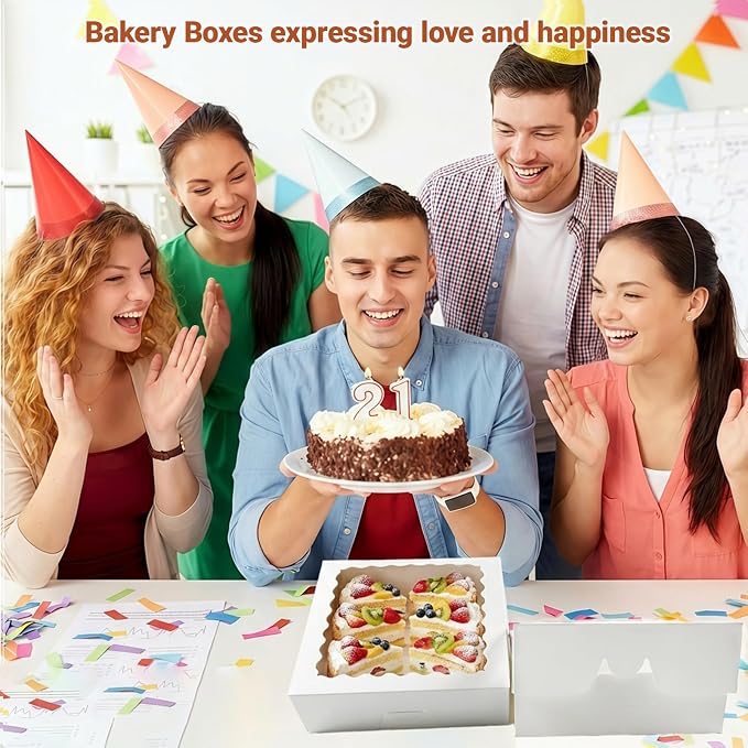 30 Pack White Pie Box Bakery Boxes with Window, 8 x 8 x 2.5 Inches Auto-Popup Cookie Boxes Treat Boxes for Chocolate Strawberries, Pastries, Muffins, Donuts