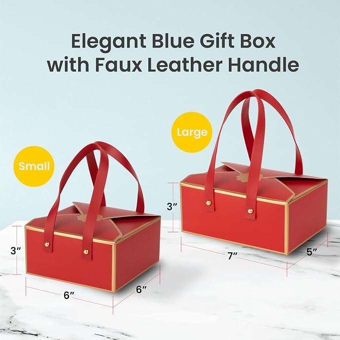 Hammont Gift Boxes - 4 Pack of Gift Boxes with Faux Leather Handles - Cookie Boxes - Versatile Gift Boxes for Presents - Elegant Box for Cakes Candy | Jewelry | Chocolates (6"x6"x3" (Red))