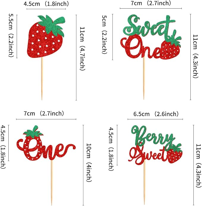 24 Pack Strawberry One Cupcake Toppers Strawberry Sweet One Cupcake Picks for Birthday Wedding Party Baby Shower Summer Garden Party Decoration Supplies Green