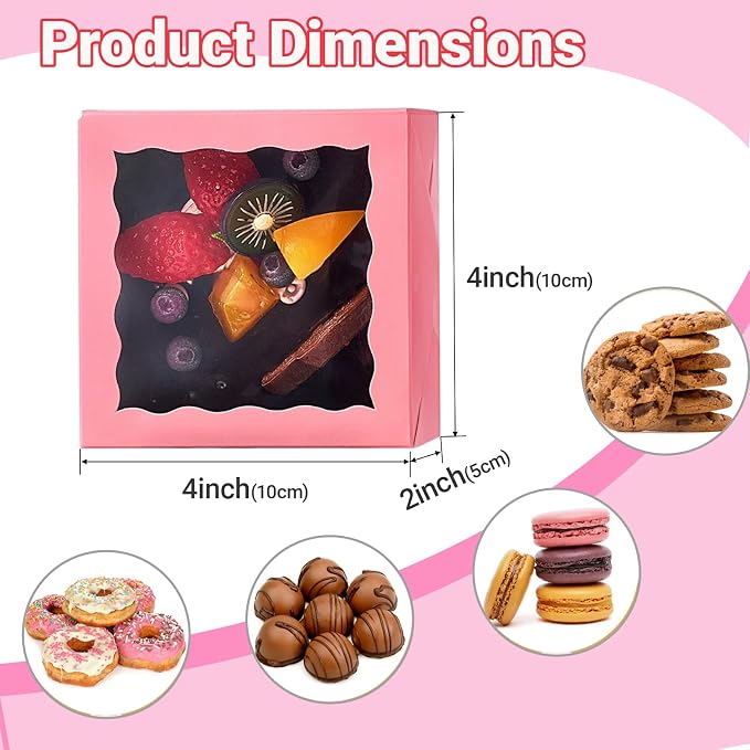 50-Count 4x4x2 Inches Food-Safe Pink Bakery Boxes - Multi-Use Pastry & Treat Packaging for Cookies, Truffles & Wedding Favors (Stackable Gift Boxes for Cakes, Pies & Cinnamon Rolls)