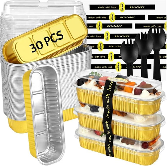 30 Pack Gold Mini Rectangular Aluminum Foil Loaf Pans with Lids 6.8oz, Spoons & Sealing Stickers Included - Perfect for Baking Mini Cakes, Parties & Gifting