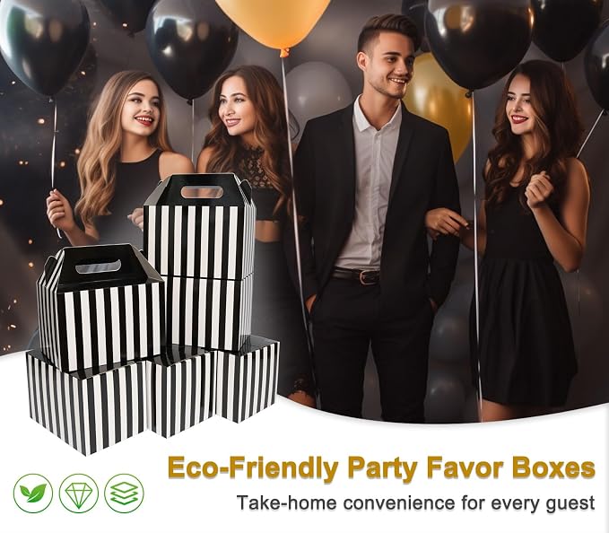 Happyhiram 40-Pack Large Gable Boxes Black Striped - 9x6x6 Inch Sturdy Cardboard Containers for Gifts, Box Lunches, Cookies, and Birthday Wedding, Easy to Assemble with Handles