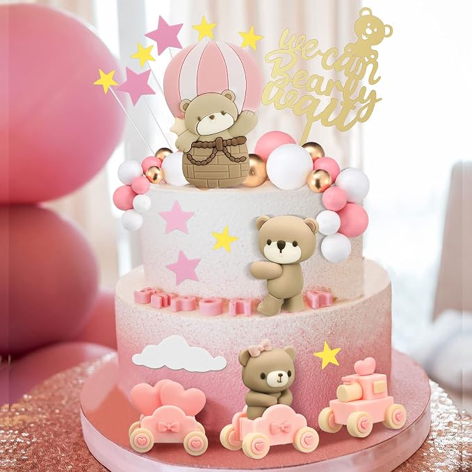 Yinder Bear Cake Toppers Mini Bear Cake Decorations Cake Toppers Gold White Pearl Ball for Birthday Party Decorations(Pink, Brown,Vivid Style)