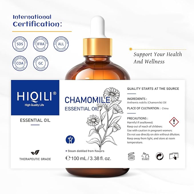 HIQILI 100ML Chamomile Essential Oil, Chamomile Oil for Diffueser, Skin, Soap, Shampoo - 3.38 Fl Oz