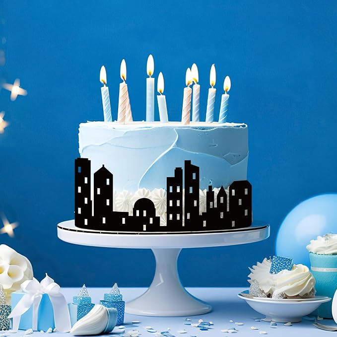 6Pcs City Cake Border Decoration Black City Building Birthday Cake Decoration Toppers Stick On or Lay On Toppers Birthday Decor Accessories for Party Lighted City Backdrop