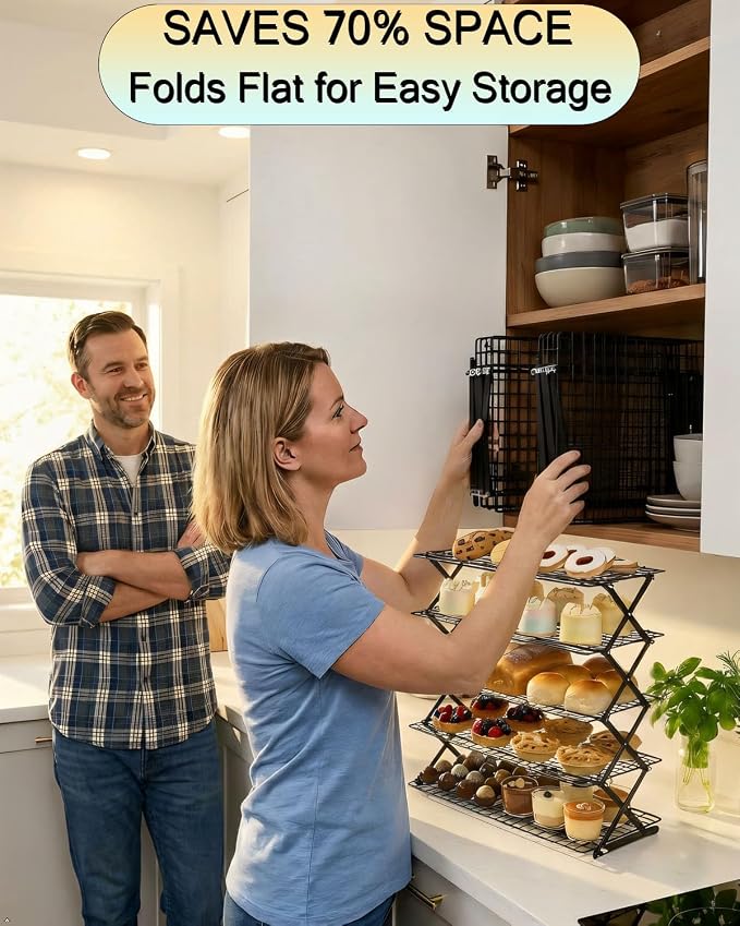 TOPACK 5-Tier Collapsible Cooling Rack for Baking — 15.8" x 9.7" Stackable Metal Wire Racks, Space-Saving Foldable Cookie & Bread Tower with Adjustable Heights for Small Kitchens, Holiday Baking