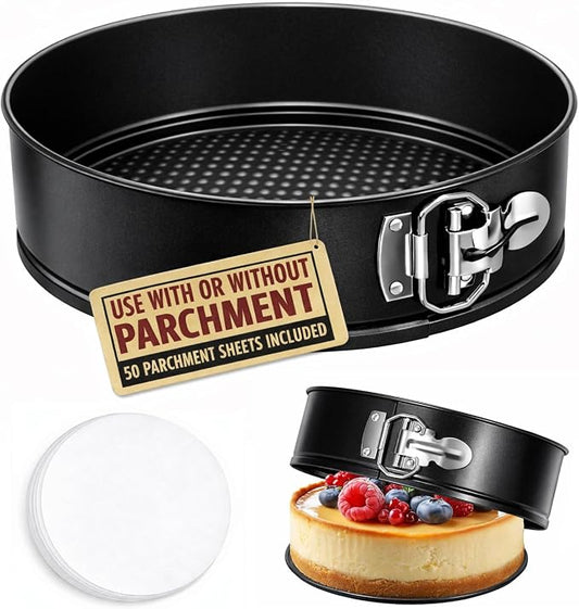 Tellshun 9 Inch Springform Pan Tin with 50pcs Parchment Paper Cheesecakes Baking Mold Round Leakproof Nonstick Removable Bottom Bakeware for Pie Cake Pizza and Quiches