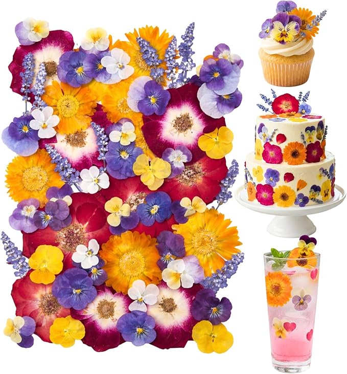 70 Pcs Edible Flowers for Cocktails & Cake Decorating – Real Dried Edible Flowers Cupcake Toppers, Food Grade Edible Pressed Flowers for Drinks, Garnish & Crafts (Pansies, Rose, Calendula, Lavender)