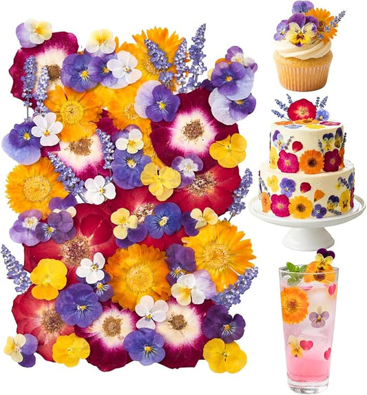 70 Pcs Edible Flowers for Cocktails & Cake Decorating – Real Dried Edible Flowers Cupcake Toppers, Food Grade Edible Pressed Flowers for Drinks, Garnish & Crafts (Pansies, Rose, Calendula, Lavender)