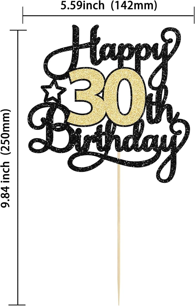 1Pc Happy 30th Birthday Cake Topper Black Gold Glitter Cheers to 30 Years Birthday Cake Pick 30 Fabulous Cake Decoration for Happy 30th Birthday Anniversary Party Cake Decorations Supplies