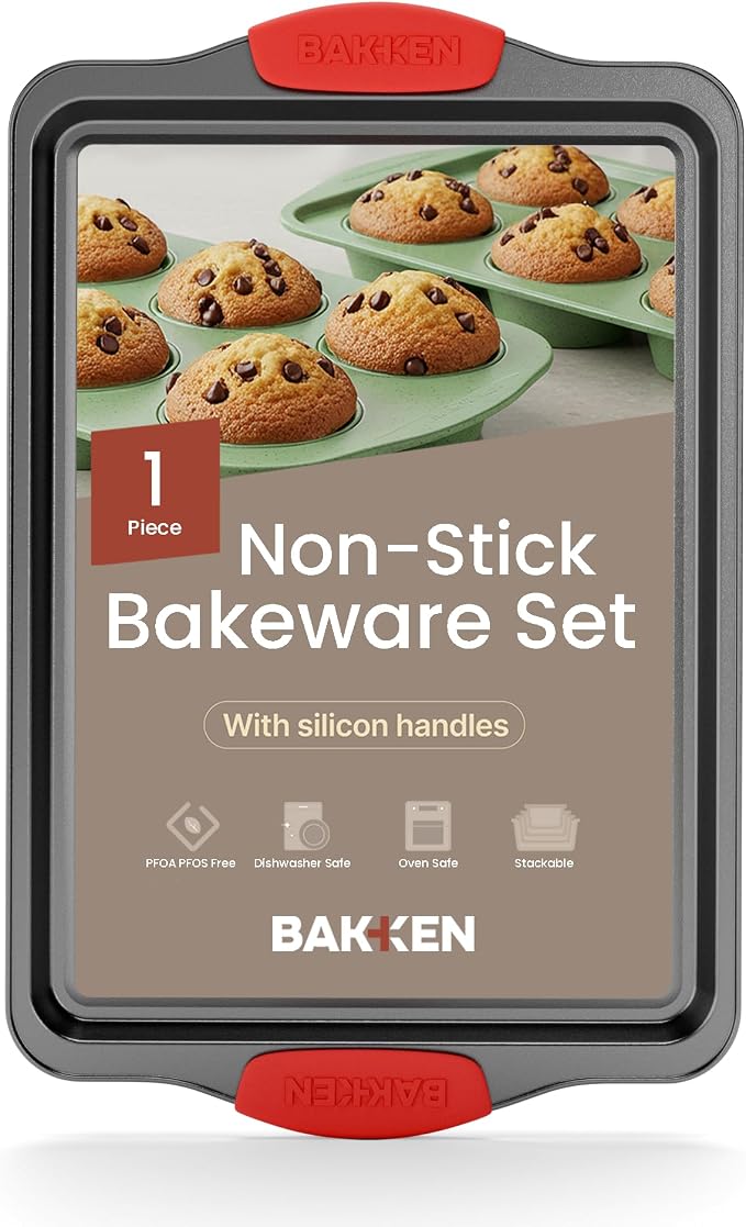 Nonstick Cookie Sheet Pan Carbon Steel Oven Tray Sheet Pan with Red Silicone Handles -Medium Bakeware Pan Tray with Gray Coating Inside & Outside