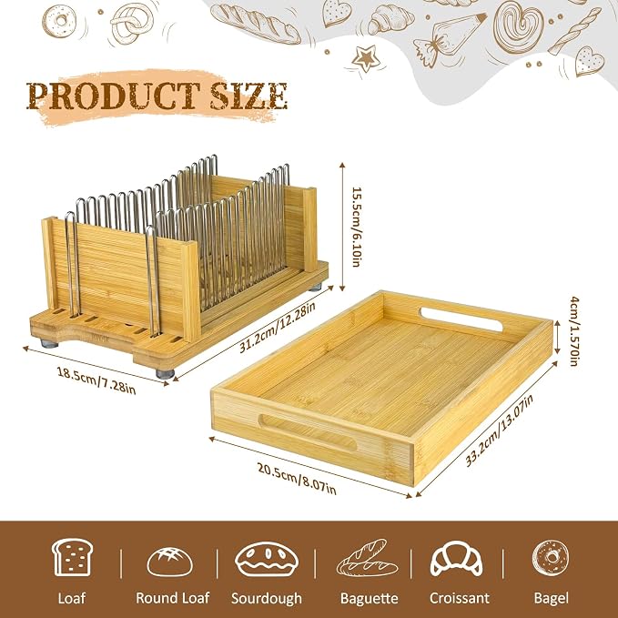 Bamboo Bread Slicer for Homemade Bread | Adjustable Width, Stainless Steel Slicing Guides, Crumb Tray, For Sourdough, Cakes, Loaves, Bagels