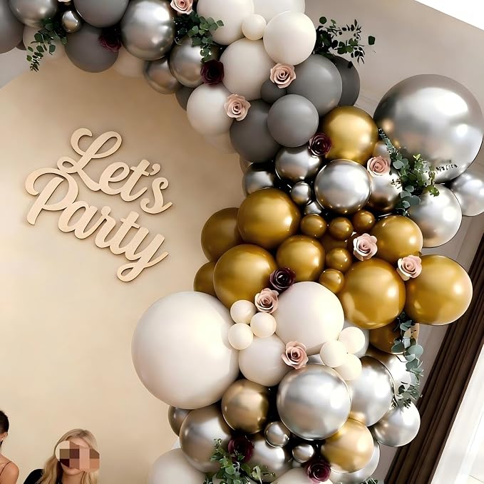 Silver Grey Balloon Garland Arch Kit 143Pcs Sand White Grey Metallic Silver Gold Latex Balloons for Bridal Shower Anniversary Engagement Wedding Birthday Party Decorations