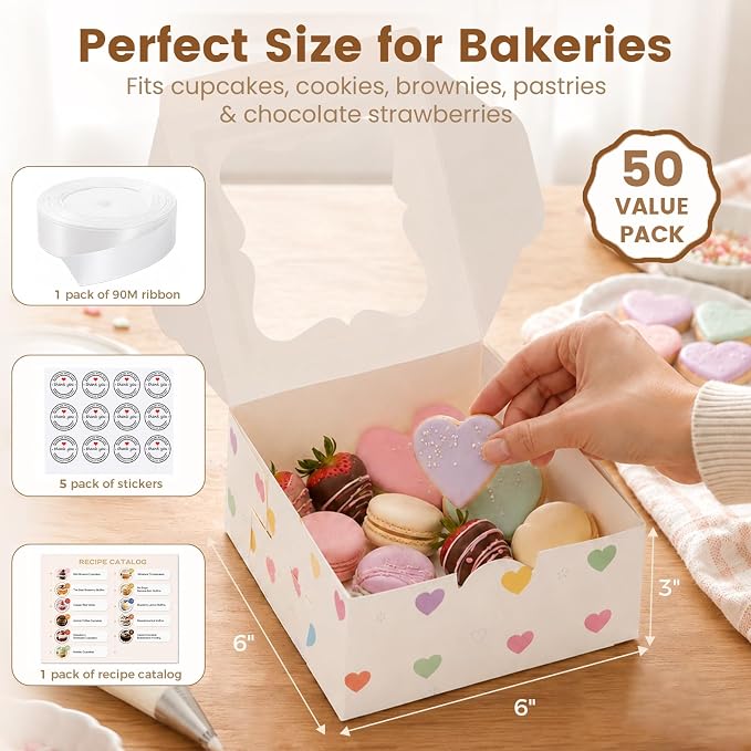 OAMCEG 50 Pack Cookie Boxes with Window, 6x6x3 Inch White Bakery Boxes for Desserts, Donuts,Cookies, Heart-shape Take-out Treat Boxes for Party & Wedding, Gifts