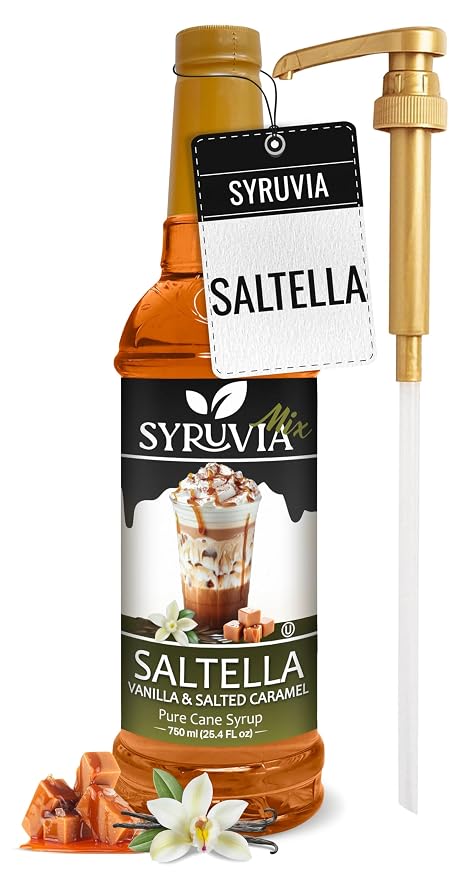 Syruvia Coffee Syrup, SALTELLA Syrup, Vanilla Salted Caramel Flavored Syrup for Drinks, Lattes, and Desserts – 25.4 fl oz - with Pump