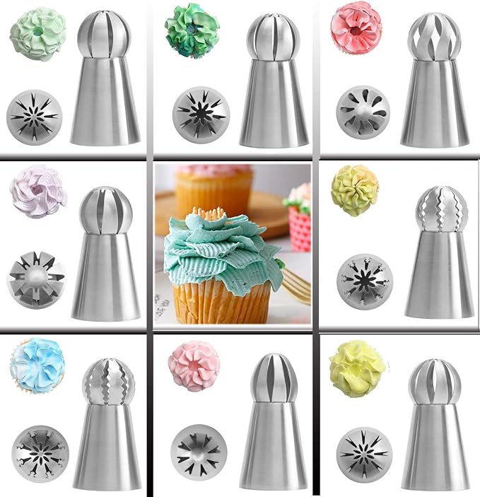 Russian Piping Tips 8 PCS, Youthful Stainless Steel Russian Piping Ball Tips Flower Frosting Icing Piping Nozzles Set Cake Decorating Tips Kit for DIY Baking Cake Decorating Supplies Kit (8 PCS)