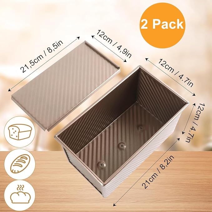 Pullman Loaf Pan with Lid 2 Pack, 8x4 Inch Bread Pans for Baking, Nonstick Square Toast Mold with Bottom Vents, Professional Sandwich Bread Pan for Sourdough, 1LB Carbon Steel Baking Pans