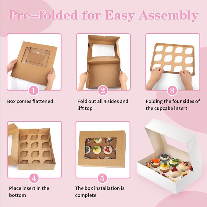Cupcake Box, Disposable Cupcake Container Bulk, Auto-pop up, 2 Pcs, White | Cupcake Holder Holding 12 Count Cupcakes, Cupcake Carrier with Window, Easy To Assemble, Transport and Store Cupcake, Sturdy