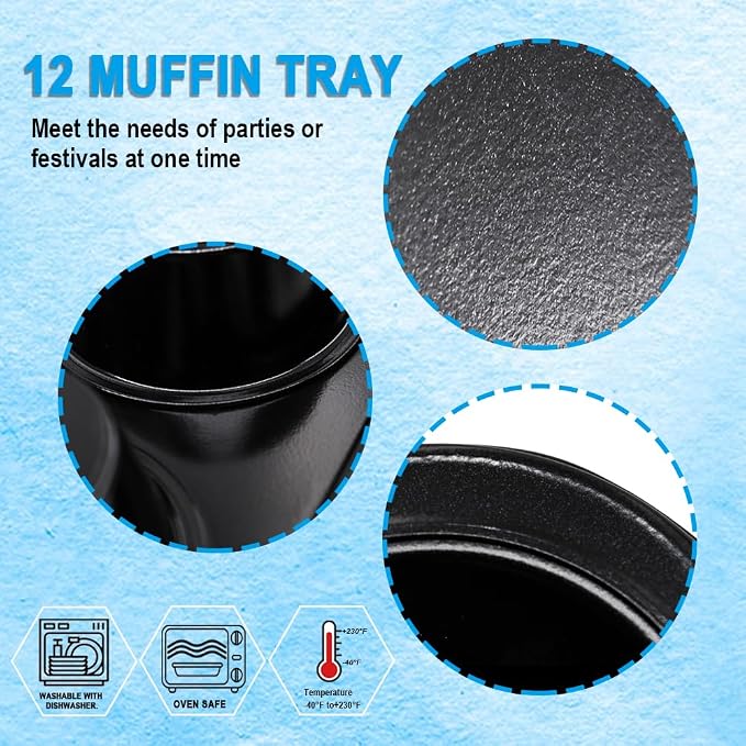 2 Pack Premium Nonstick Bakeware 12-Cup, Muffin Pan, Dishwasher Oven Safe (Black, Steel)