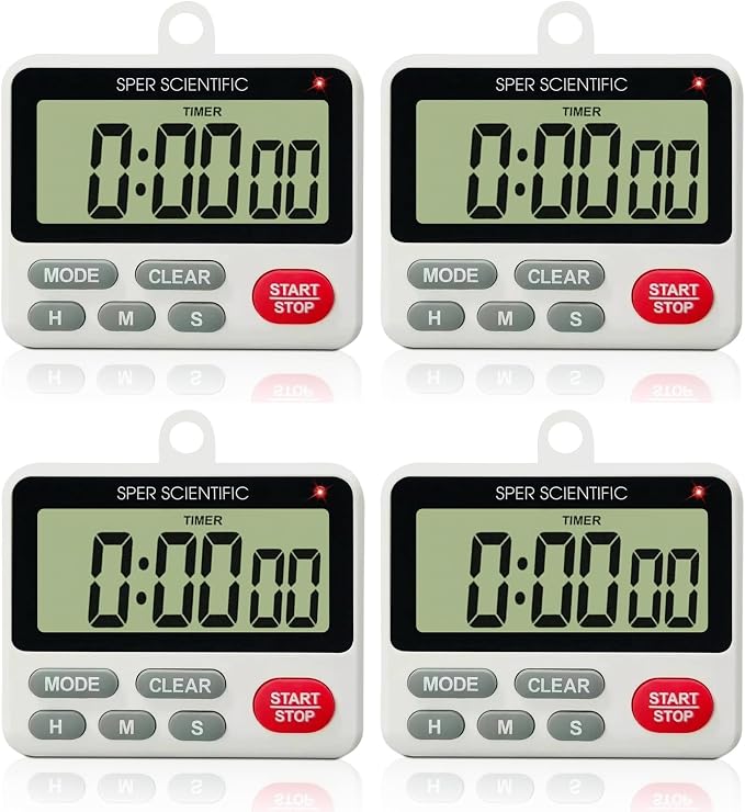 Sper Scientific 24-Hour Digital Lab + Kitchen Timer with LED Light 810001 - Precision Countdown Timer with Large Display, Loud Alarm & Clock Mode - for Cooking, Lab Experiments & More - 4 pc