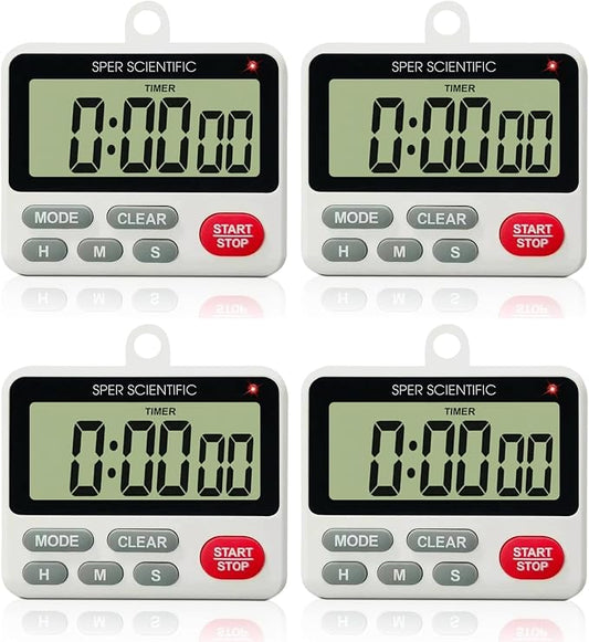 Sper Scientific 24-Hour Digital Lab + Kitchen Timer with LED Light 810001 - Precision Countdown Timer with Large Display, Loud Alarm & Clock Mode - for Cooking, Lab Experiments & More - 4 pc