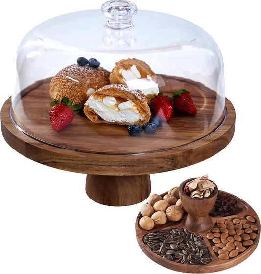 LiTY Cake Stand with Lid, Multi-Functional 12in Round Cake Holder, Acacia Wood 2-in-1 Dessert Table Display Set, Charcuterie Board for Cheese ,Fruit Platter, Large Acrylic Cake Dome Cover