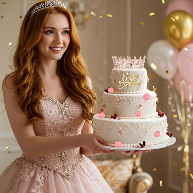 8 Pcs Pink Queen Crown Cake Topper for Women, Happy Birthday Cake Toppers Foam Balls Rhinestone Crystal Tiara Wedding Decoration for Princess Party Photo Props