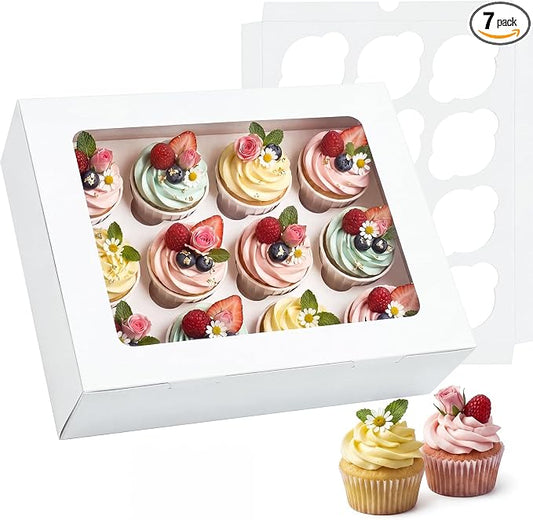 Moretoes 7 Pack Auto-popup Cupcake Boxes,12 Cupcake Containers, Bakery Carrier Boxes with Windows and Inserts for Grad Party Dessert Packaging (White)