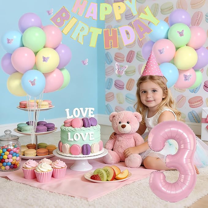 Pastel 3rd Birthday Decorations for Girls -12 inch Pastel Balloons, 40 Inch Pink 3 Balloons, 3D Butterflies Stickers, Happy Birthday Banner For Baby Girl 3 Year Old Birthday Decorations Girl